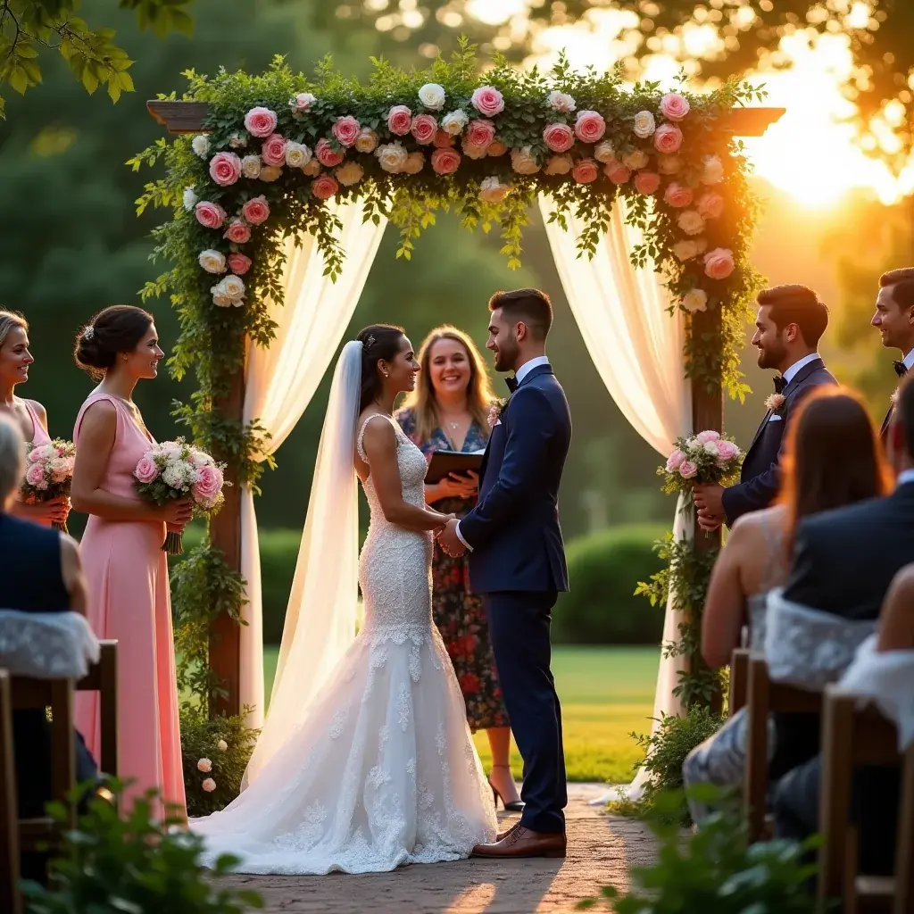 Un cuplu fericit în ziua nunții, înconjurat de prieteni și familie.