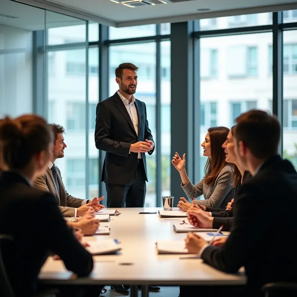 Oameni zâmbind la o recepție corporate, bucurându-se de atmosferă.